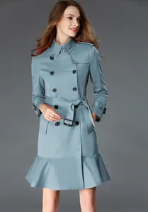Outono inverno mulher moda escritório mangas compridas, emagrecimento, trincheira dupla cáqui com cinto