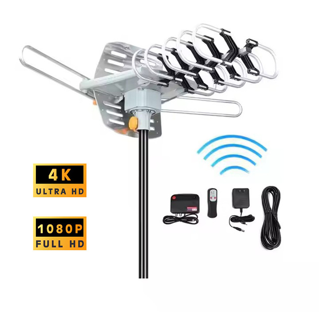 150-Miles Outdoor HDTV Antenna Long Range Amplified 360 Degree Rotation with RG6 Coax Cable for VHF and UHF TV Channel Reception