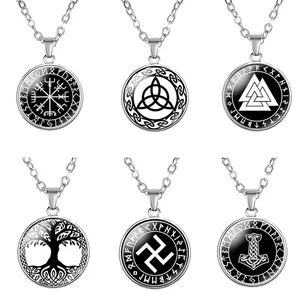 Nordway Viking Rune compass Thor Hammer Valknut axe Vintage Pendant Necklace The Helm Of Awe Punk Neck Chain Men Women