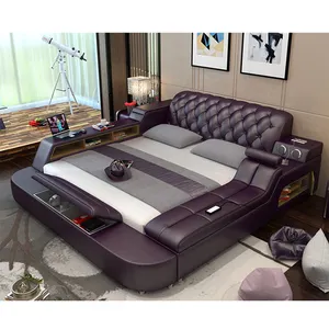 Modern Brown Bedroom Furniture Leather Bed with Speaker USB Charger Massage Sofa Bed Sets