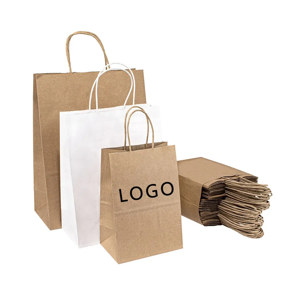 OEMカスタムロゴ印刷安い茶色クラフト紙バッグ食品配達持ち帰り用紙ショッピングバッグハンドル付き
