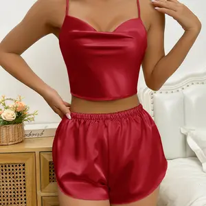 Pajamas Women's Seductive Halter Skirt Shorts 2 Sets Comfortable Breathable Ice Silk Satin Home Wear