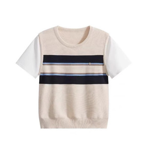 Striped Knit Short Sleeve Summer Women's <b>Top</b> Slim Fit <b>Patchwork</b> T-Shirt Navy Blue And Apricot ZY71 - Product Image 2