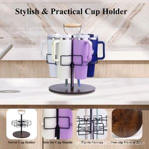 Iron and wood combination rotating cup holder Stanley water <b>bottle</b> <b>storage</b> <b>rack</b> hanging <b>rack</b> for water <b>bottles</b> and thermos cups - Product Image 4