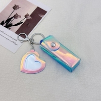 Étui à rouge à lèvres mini en cuir laser, porte-clés, sac de rangement en forme de cœur de dessin animé avec miroir, accessoire portable à suspendre