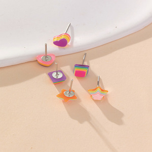 Rainbow Heart Star <b>Square</b> Stud Earrings <b>Set</b> For Students Gift Fashion Jewelry - Product Image 4