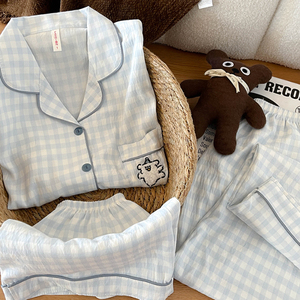2025 Summer Clouds Cotton Yarn Pajamas Blue Lattice Embroidered <strong>Dog</strong> Women's Cartoon Comfortable Three-Piece - Product Image 6