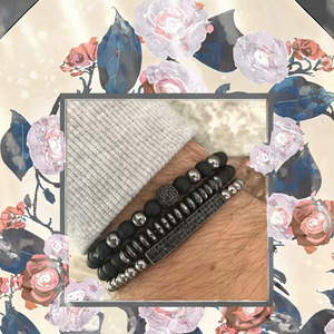 Bracelets tendance style occidental en perles d'hématite noire givrée, avec breloques en zircone cubique, couronne et tête de lion, lot de 3 - Product Image 2