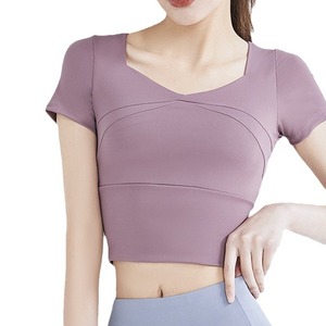 Women's Short-Sleeved Yoga Top Quick-Drying Breathable Fitness <strong>Clothes</strong> with Chest Pad Compression Sports Tight <strong>for</strong> Running - Product Image 2