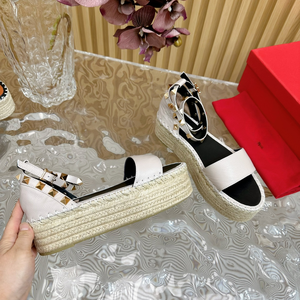 Sandalias de cuña de cuero para mujer con decoración de remaches, tejido de paja, tacón alto, suela gruesa y punta redonda, para verano - Product Image 5