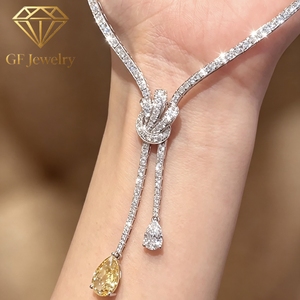 Collier Lariat en Or Blanc 14K avec Diamant de Laboratoire Jaune Poire, Motif Nœud, Chaîne Tennis Entièrement Pavée, Certifié IGI, Luxe, pour Femme - Product Image 1
