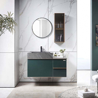 Meuble de salle de bain de luxe vert foncé à fixation murale avec dessus en pierre frittée, 1 porte, 2 tiroirs et vitrine latérale pour la rénovation de maisons et d'hôtels