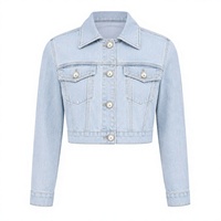 Jaket Denim Wanita Lengan Panjang Model Crop Sobek Warna Biru Muda dengan Hiasan Kancing untuk Musim Semi, Musim Dingin, Musim Panas.
