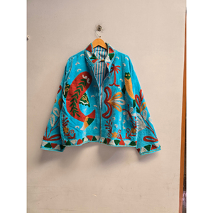 Chaqueta de Algodón Turquesa para Mujer con Cierre, Bordado Floral, Cuello Camisero, Sin Mangas, Corta, Estilo Casual de Verano - Product Image 2
