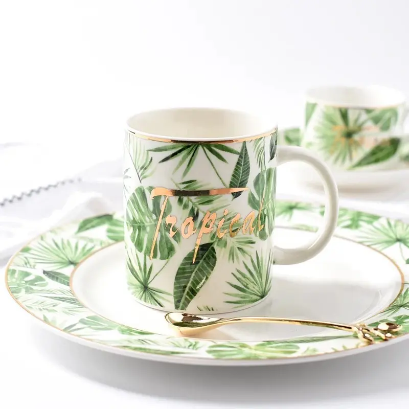 fresh green leaf design plate cup ceramic gold rim bone china coffee mugs porcelain tea cup set with saucer