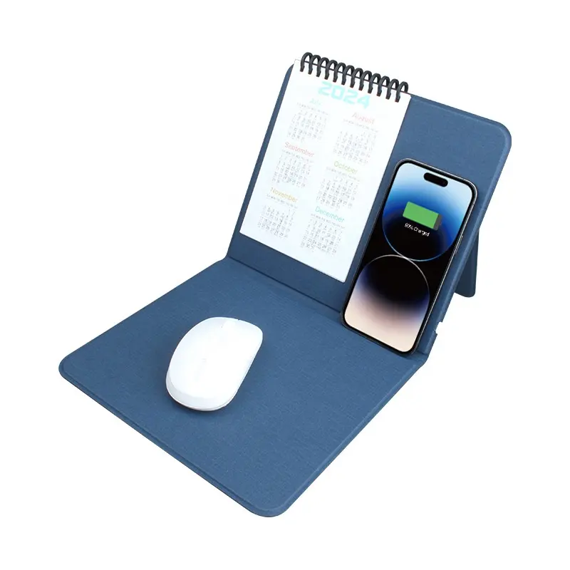 2024 New Arrival Office Gadgets Mouse Pad with Desktop Calender and 3 in 1 Qi Wireless Charger for smart phones