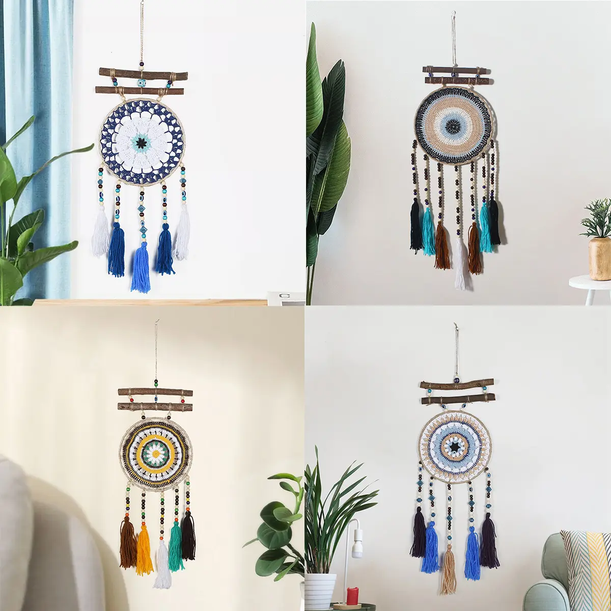 Atrapasueños de ojo tejido de dos palos de arte de pared de macramé RTS con cuentas de ojo de borla adornos para el hogar regalo para amigo