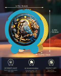 3D Wooden Owl Puzzle Night <b>Light</b> Kit, DIY Round Paper Carving Lamp, Creative LED Desk Decor Gift for Kids Adults - Product Image 3