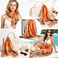 Pañuelo de Seda con Mosaico Naranja Vibrante Étnico, Pareo Cuadrado Grande para Playa y Pañuelo para el Cabello para Mujer, Chal de Moda para Vacaciones de Verano