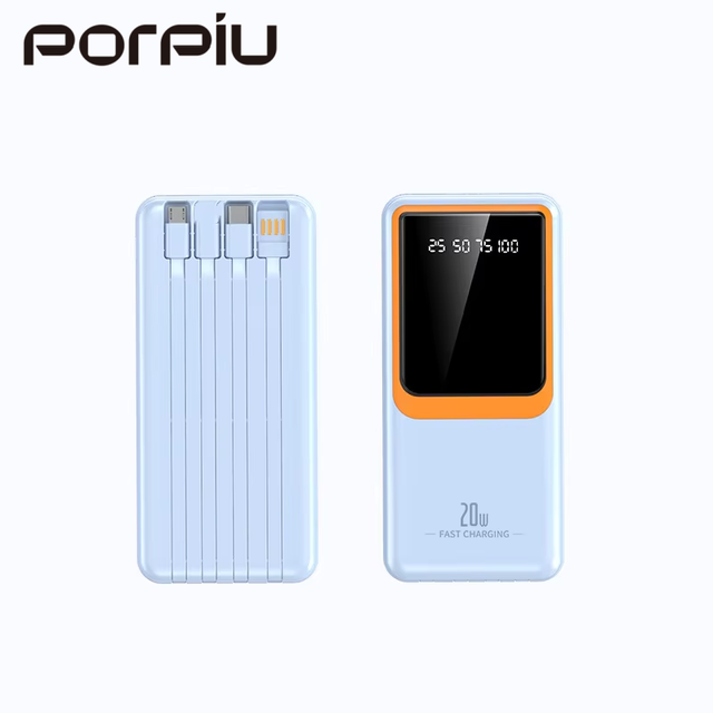 PORPIU 10000mAh Power Bank Custom Logo Super Fast Charging Thin Portable Build-in 2A Fast Cable 20W Output for Mobile Phones
