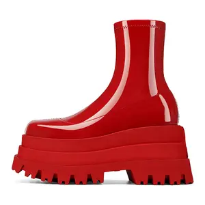 XINZI RAIN Großhandel Frauen Doppel plattform Schuhe Square Toe Red Lack leder Dicker Boden Klobige Stiefel Für Damen