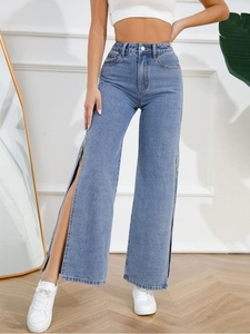 Summer New Women's High Waist Wide Leg Denim Pants Cotton Breathable Sexy Long Split Hem Straight Leg Fashion Jeans Pants - Product Image 6