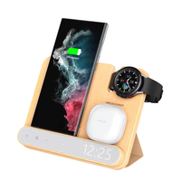 Pengisi Daya Nirkabel Magnetik 3-in-1 Kayu & PC, Jam Alarm Digital, Dudukan Pengisian Cepat Tipe-C Lipat untuk Ponsel, Jam Tangan, dan Earphone
