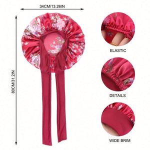 Ready to Ship Women Outdoor Daily Use Sleep Bonnet Beauty Flower Pattern Satin with <b>Tie</b> Large Size Four Seasons Night Cap - Product Image 2