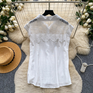 Chemisiers d'été décontractés en lin sans manches à col rabattu pour femmes, chemises unies en dentelle, hauts décontractés pour femmes, vêtements en gros pour femmes - Product Image 4
