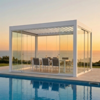 Pérgola de Aluminio Completamente Cerrada con Puerta Corredera de Vidrio, Refugio para Exteriores para Todas las Estaciones, Gazebo Inteligente con Techo de Láminas Ajustables para Villas de Lujo