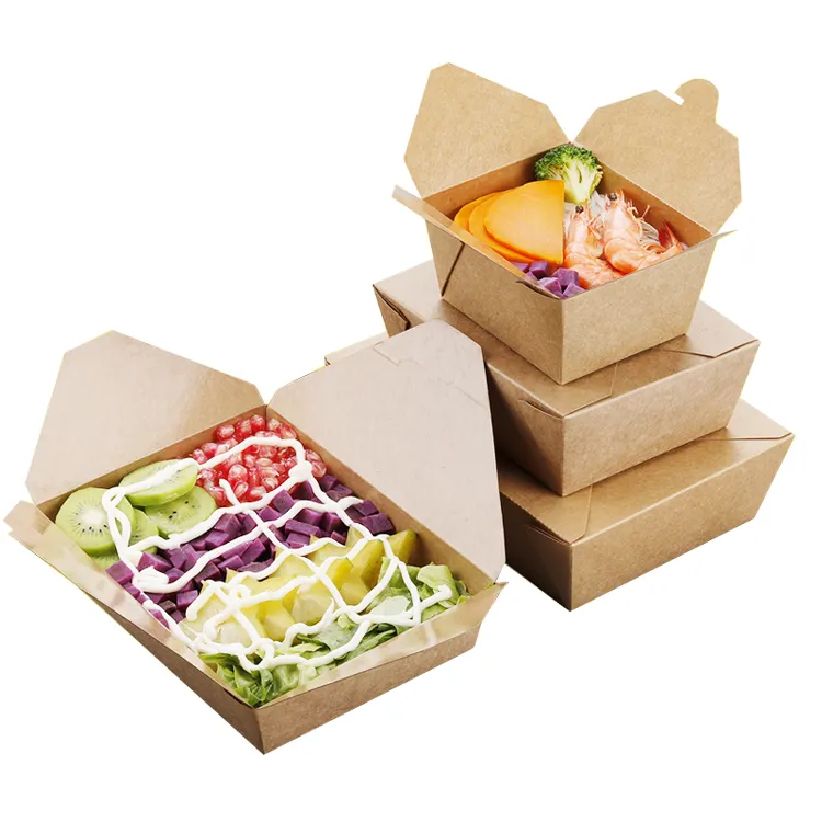 Gerecycled Op Maat Gemaakte Bruine Kraftpapier Voedseldoos Salade Fruitpapiercontainer Wegwerp Voedselverpakkingsdoos