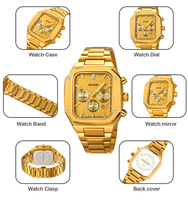 Reloj de Cuarzo para Hombre con Correa de Acero Inoxidable, Elegante, Resistente al Agua 3BAR, Caja Cuadrada de Aleación, Cronómetro, Puntero, Logotipo Personalizado, a la Moda