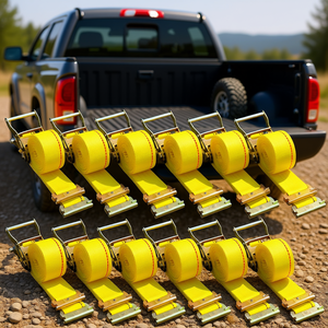 Correas de amarre con trinquete 2 x 15 de poliéster con gancho E Track, resistencia a la rotura de 4400 libras para cargas de motocicletas, neumáticos y remolques - Product Image 2