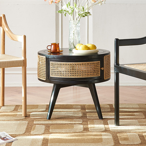 <span class=keywords><strong>Table</strong></span> d'appoint noire de style moderne du milieu du siècle avec tiroir en rotin, pieds en bois massif, <span class=keywords><strong>table</strong></span> de chevet bohème pour chambre à coucher, salon, accent - Product Image 1