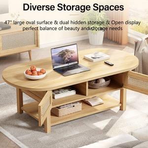 סלון ריהוט סלון בסגנון המאה ה-אמצע שולחן קפה סגלגל עם דלת ראטן ומדף פתוח - Product Image 3