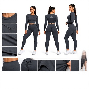 Primora Global <b>Womens</b> Breathable Simple Seamless Solid O-Neck Long Sleeve <b>Crop</b> Top <b>Leggings</b> Set High Waist Support Four Way - Product Image 3