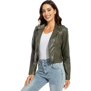 Chaqueta de piel sintética verde para mujer, de talla grande, longitud corta, con capucha, personalizada, sólida, Occidental, otoño, primavera, poliéster, cuero PU teñido - Product Image 6