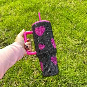 Custom logo 40oz Rhinestone Shiny Heart Travel Coffee <b>Mug</b> Hot pink Black Diamond Bling Stainless Steel <b>Double</b> <b>Wall</b> Tumbler Cup - Product Image 3