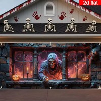 Spanduk Kain Tekstil Datar 2D 1 Buah Cetak Digital Halloween Pemandangan Jendela Garasi Berhantu Labu Bercahaya Tengkorak Gotik