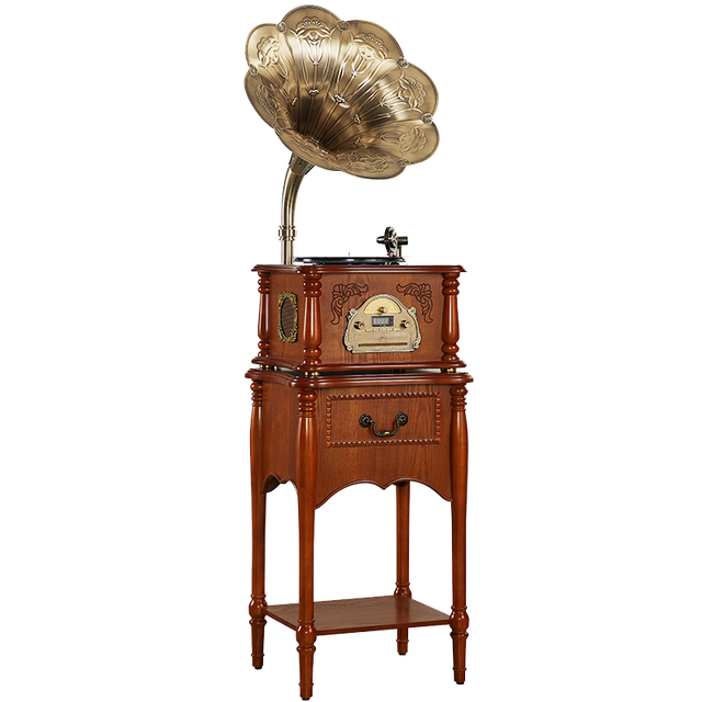 Record Player Retro Turntable All in One Vintage Phonograph for LP with Copper Horn, Built-in Speaker Aux-in/USB