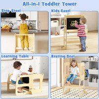 Tabouret de cuisine pliable 4 en 1 pour tout-petits Tour d'apprentissage Tour debout Table et chaise pliantes en bois pour enfants