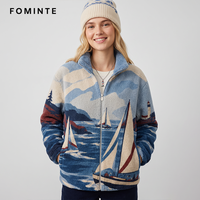 Großhandel Segel-Print Polar Fleece Jacke Damen Winter Warme Sherpa Flauschige Jacke Streetwear Stehkragen Reißverschluss Oberbekleidung