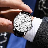 LOUIE JUELEN jam tangan kronograf pria, arloji mewah kasual bisnis skala Romawi 587, jam tangan tali kulit asli untuk pria