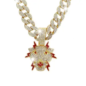 2024 New Style 15mm Iced Out Cuban Link Chain Alloy And Rhinestone Hip Hop Red Animal Head Pendant Necklace