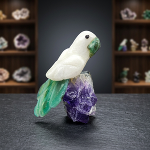 Escultura de Loro en Rubí Zoisita/Calcita Blanca/Crisoprasa/Ametista - Product Image 3