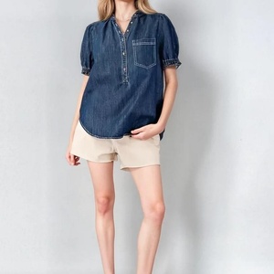 Chemisier en jean pour femme, coupe droite, poches, ajustement régulier, style vintage, manches bouffantes, boutons, idéal pour l'été – Fabricant OEM - Product Image 1