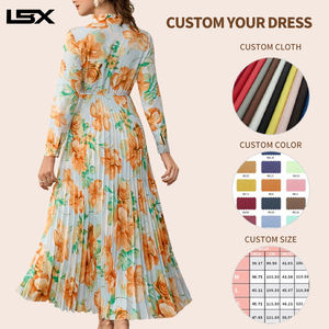 Vestido de Gasa Plisado con Estampado Digital, Cuello Redondo Francés, Manga Larga, Nuevo y a la Moda, Personalizado para Mujer - Product Image 3