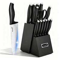 Ensemble de couteaux de cuisine noirs de 15 pièces avec bloc de rangement, manche ergonomique en PP, ensemble de couteaux de chef avec aiguiseur intégré et support à couteaux