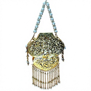 Handmade Gold Metal Clutch Bag Embossed Floral Design Pearl Handle Tassel Fringe Antique Eco-Friendly Fashion Minaudiere Women - Product Image 1