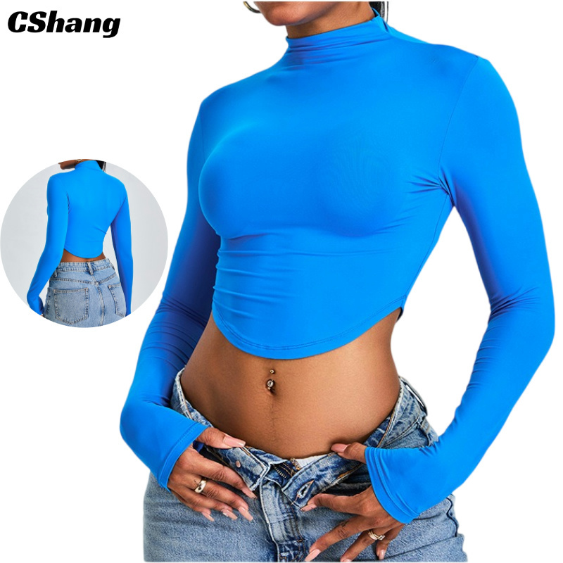 Women's Long Sleeve Fitness Crop Top Turtleneck Gym Sports Shirt Yoga Running Stretchy Breathable Quick Dry Lightweight